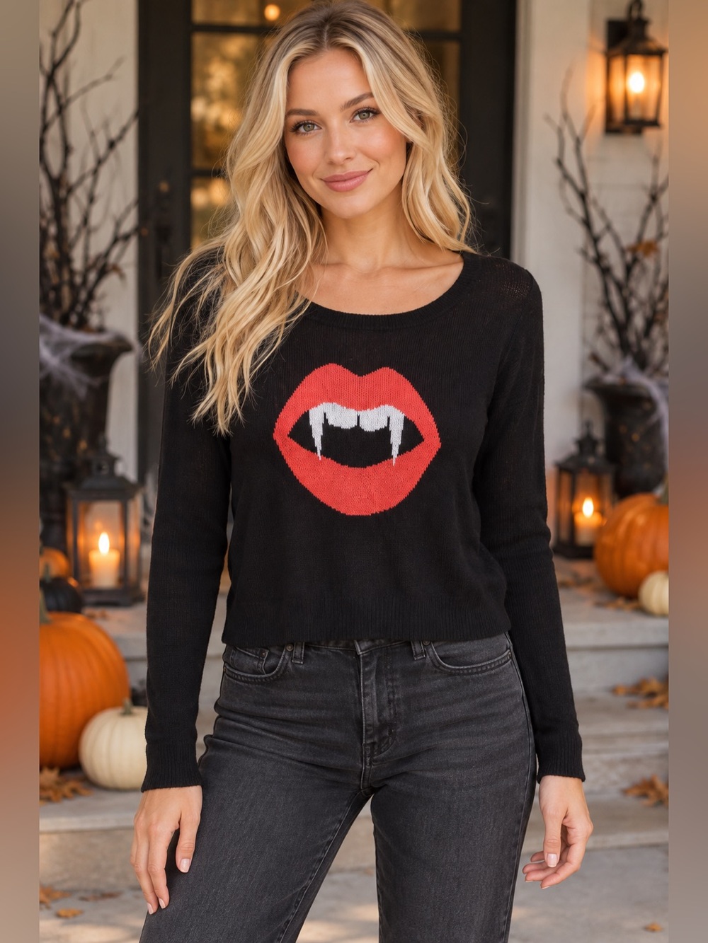 La Hearts Black Knit Sweater with Red Vampire Lip Graphic Whimsigoth Aesthetic
